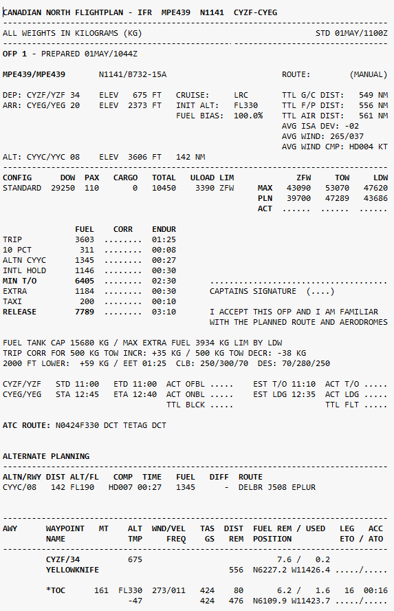 Figure 2: First Page of the PFPX-generated Flight Plan