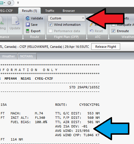 The resulting flight plan in PFPX